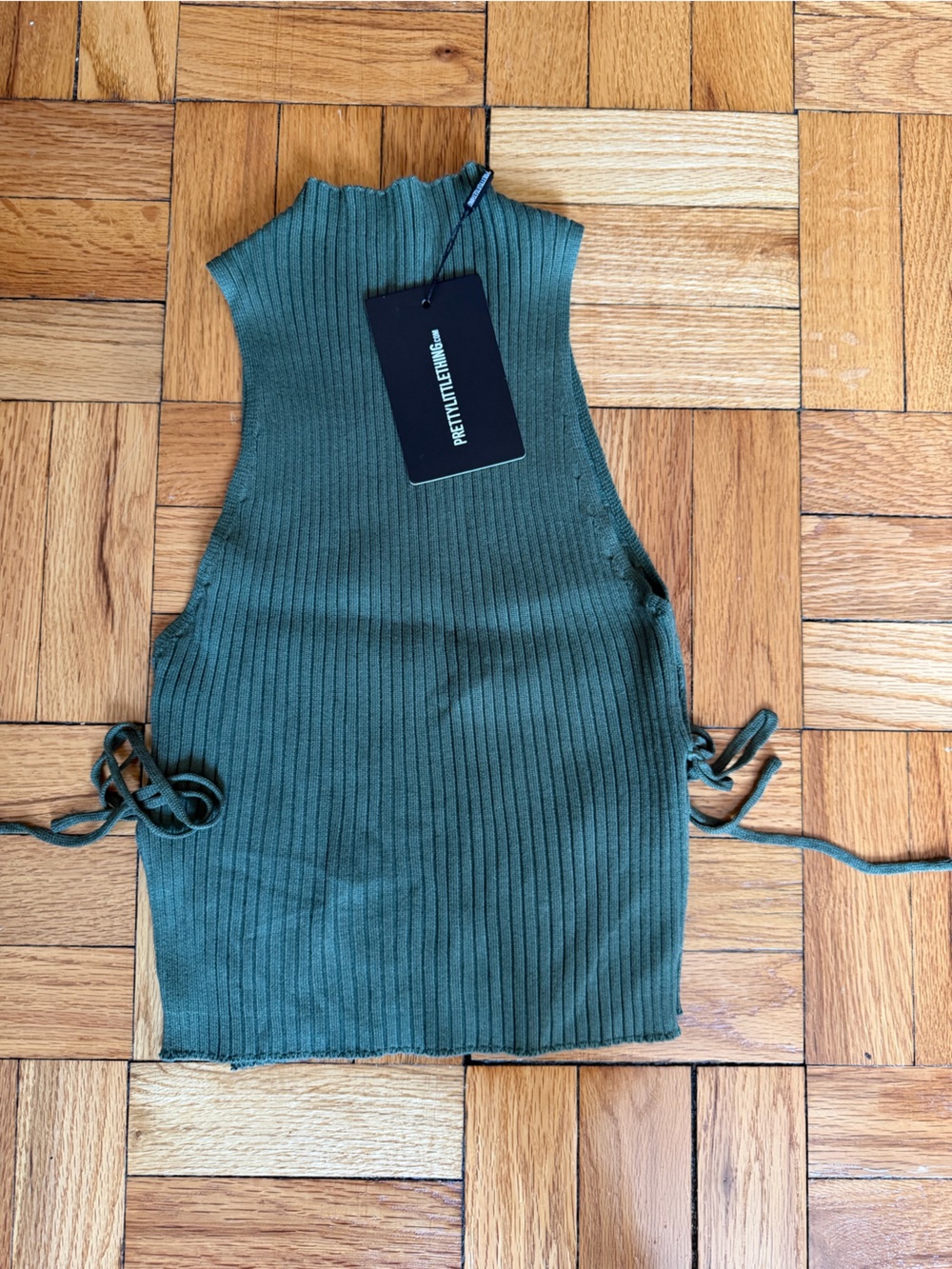 PrettyLittleThing Olive Ribbed Top with Side Tie Detail
